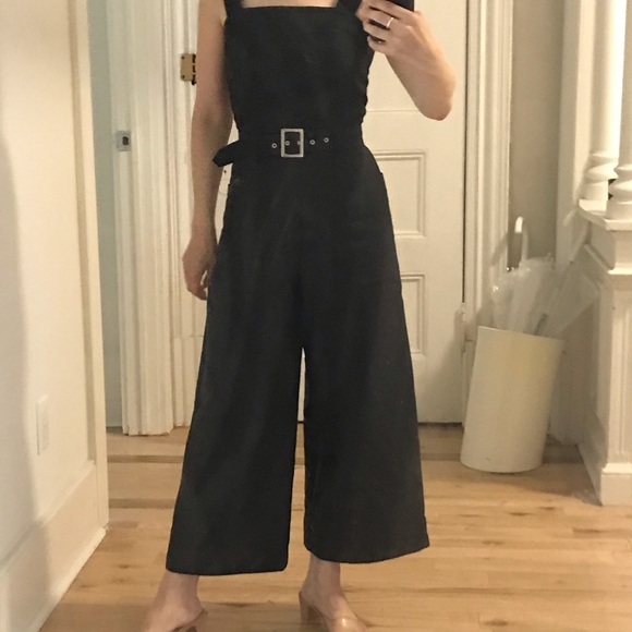 Navy blue wide legged jumpsuit with belt - Picture 2 of 5